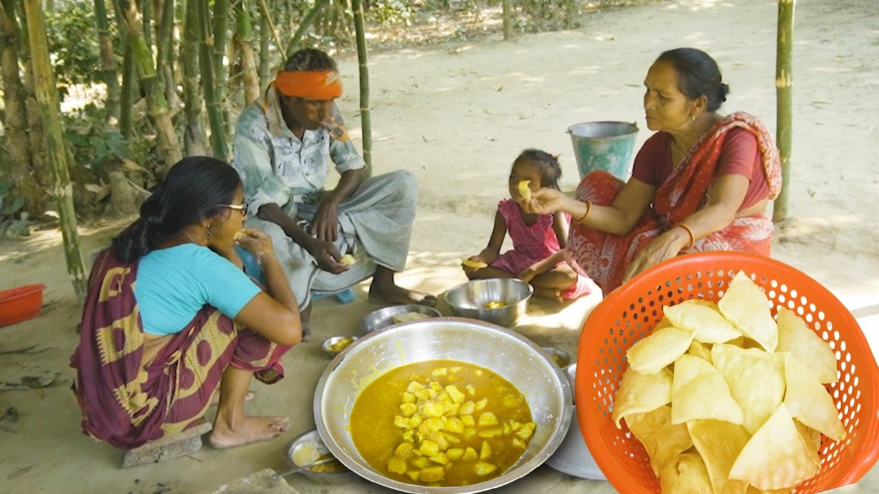 LUCHI & ALOOR DUM cooking and eating by village Grandmother||rural recipe||