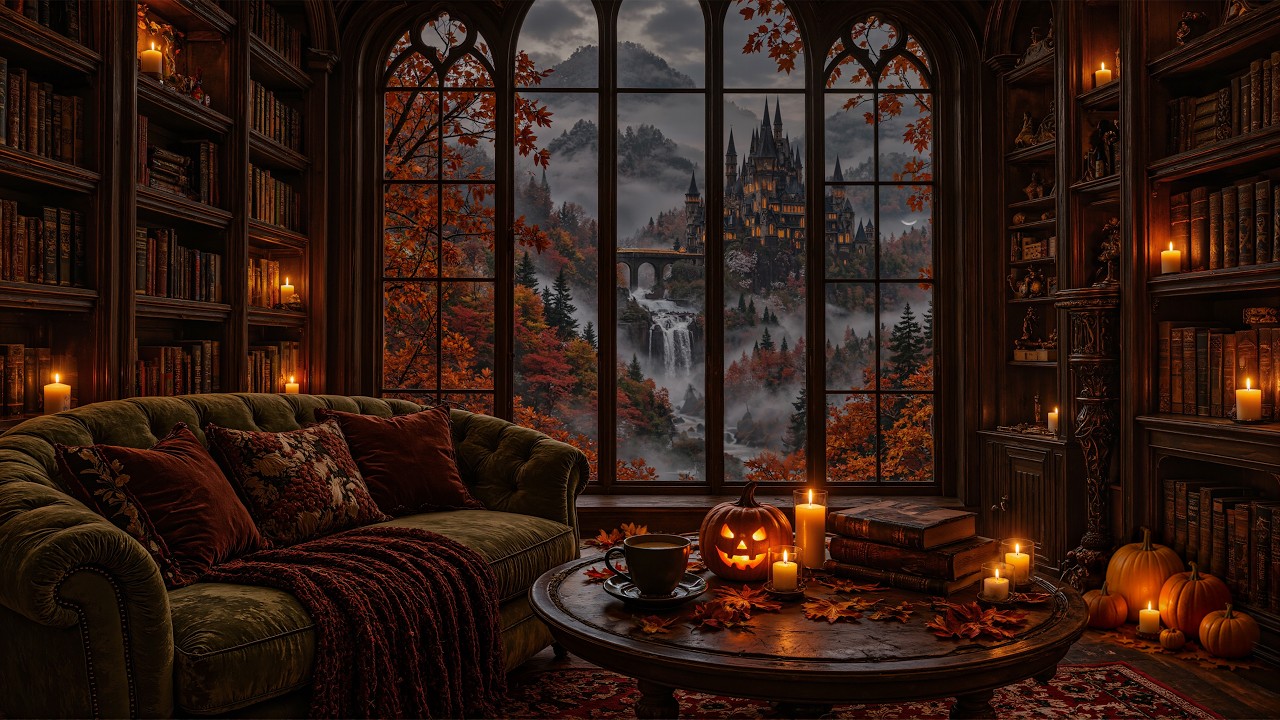 Cozy Library Study Room | Glowing Pumpkin, Candlelight & Misty Autumn View | Dark Academia Ambience