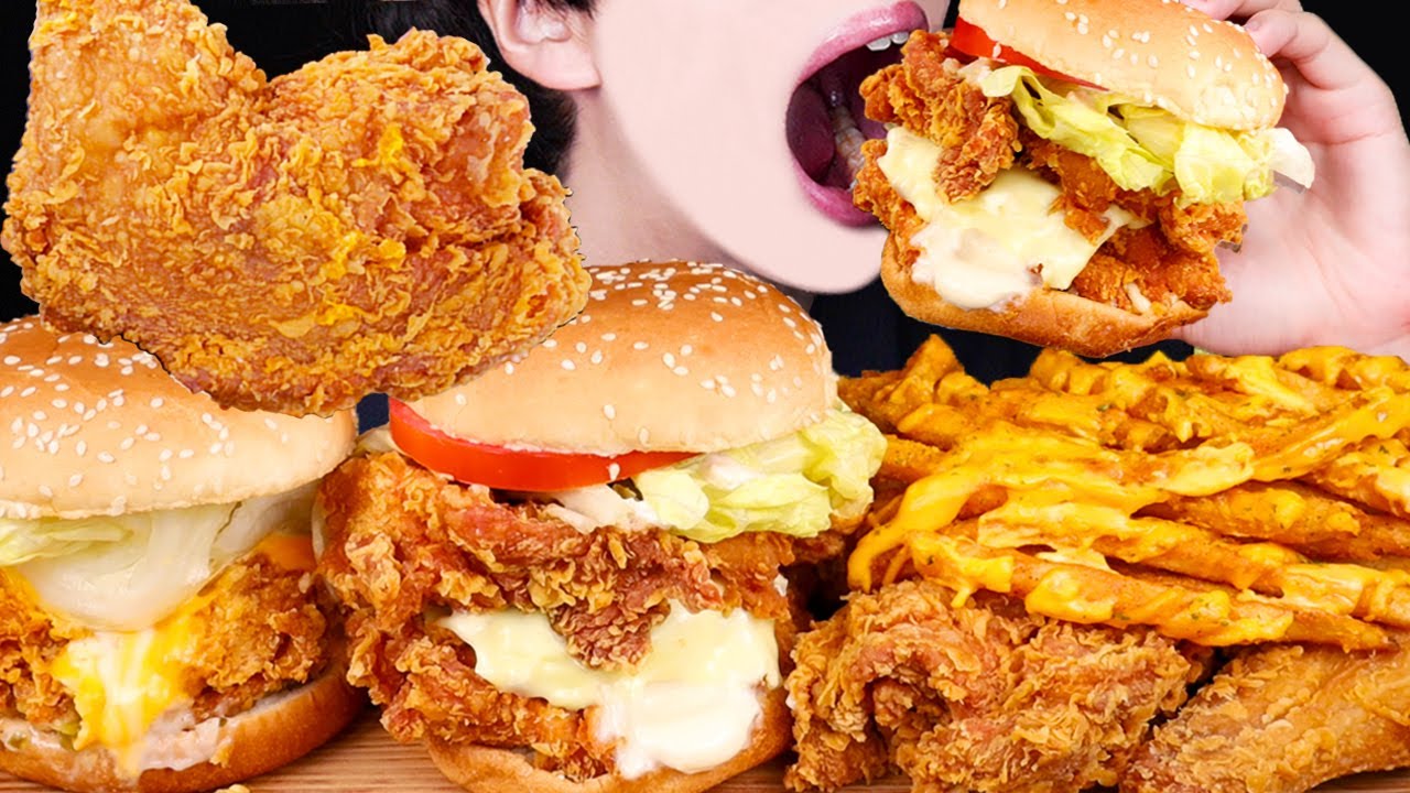 ASMR CHEESEBURGERS FRIED CHICKEN FRIES CHEESE BALLS MUKBANG 치즈버거 치킨 치즈볼 먹방 咀嚼音 ayam EATING SOUNDS