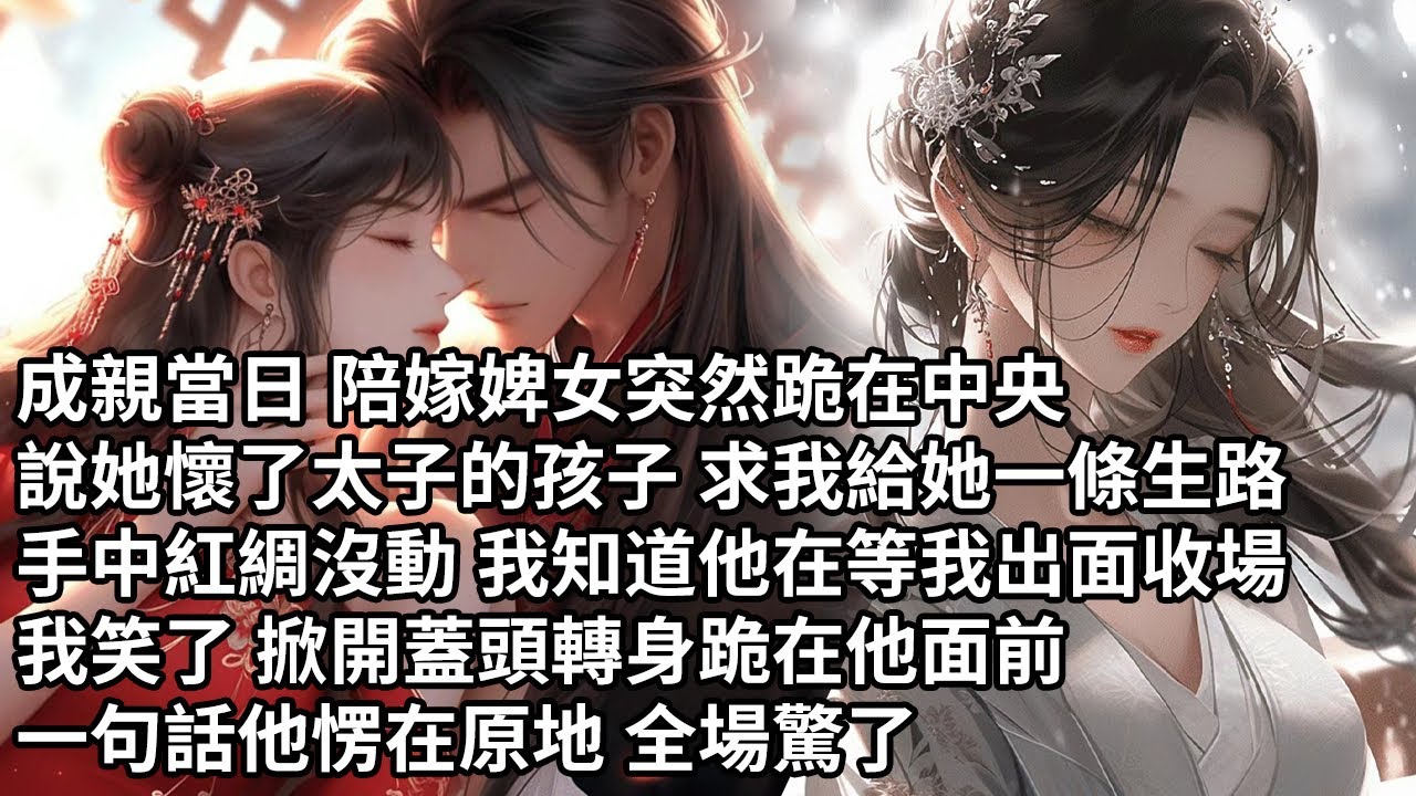 【一口氣看完】成親當日 陪嫁婢女突然跪在中央，說她懷了太子的孩子 求我給她一條生路，手中紅綢沒動 我知道他在等我出面收場，我笑了 掀開蓋頭轉身跪在他面前，一句話他愣在原地 全場驚了