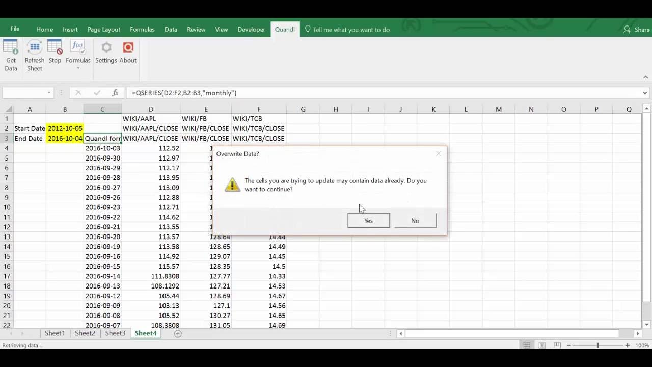 Downloading Data with the Quandl Excel Add-in Formula