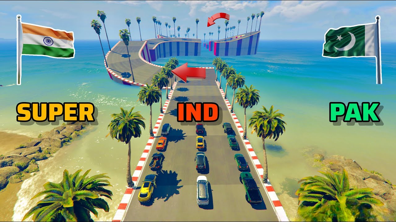 Wavy Tree Water Ramp Challenge | Pakistan Vs Indian Vs Super Cars | GTA 5 Gameplay