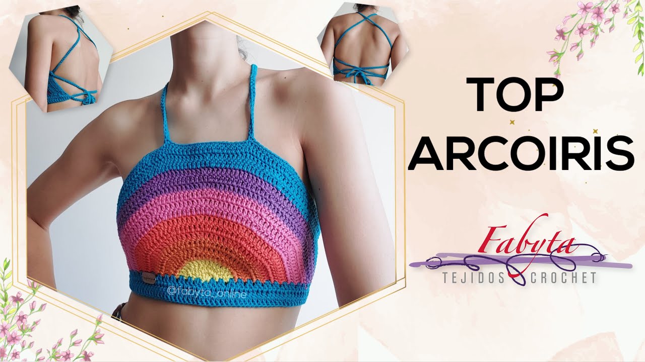 Top arcoiris, un modelo muy facil para tejer con restos de hilo de colores en crochet o ganchillo