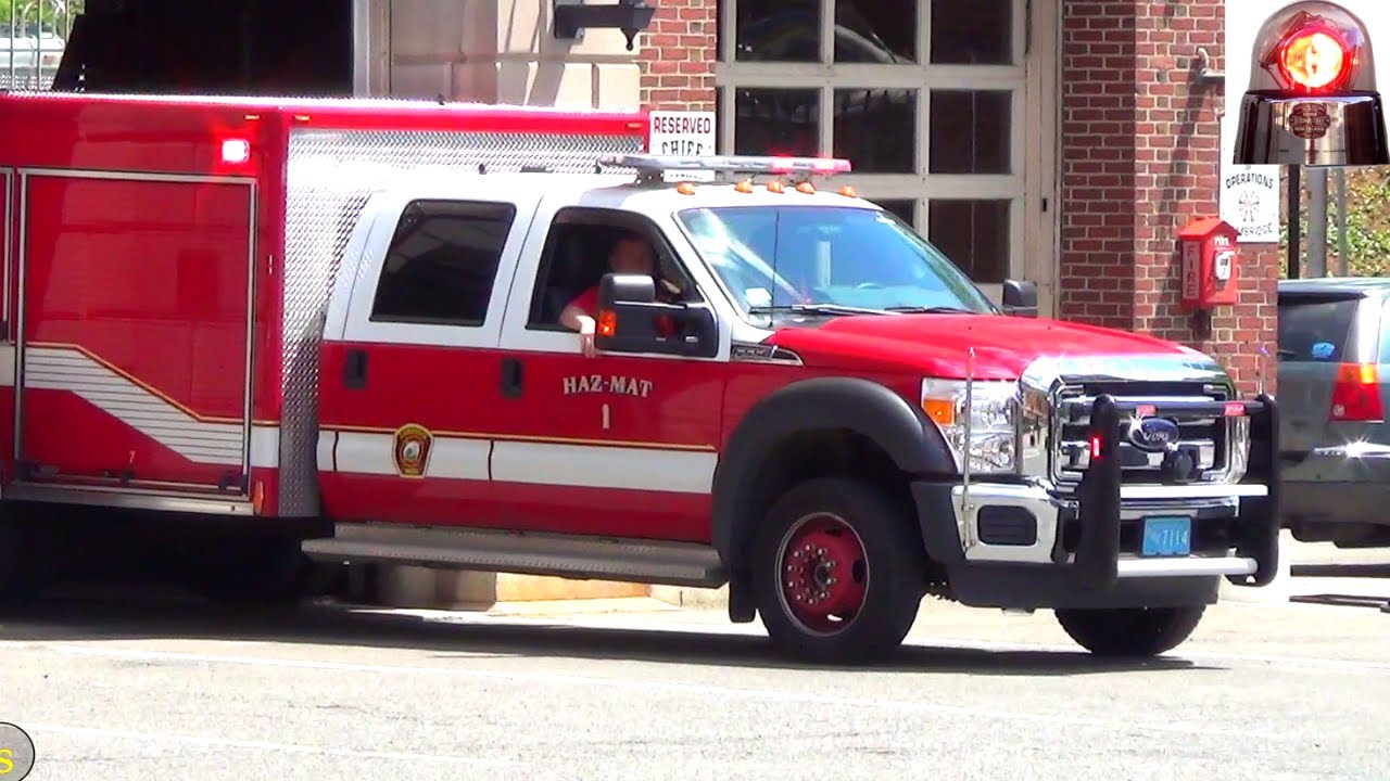 Cambridge Fire Haz-Mat 1, Engine 11, Police Car and Ambulance Responding Lights and Sirens