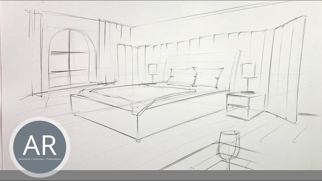1/2 - Räume schnell und einfach Zwei-Punkt-Perspektive zeichnen. Interior-Design-Skizzen.