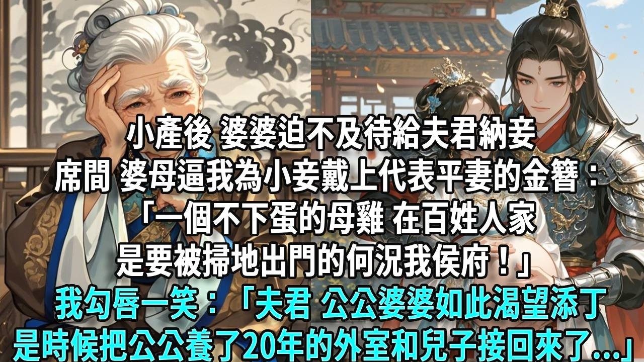 小產後，婆婆迫不及待給夫君納妾，席間，婆母逼我為小妾戴上代表平妻的金簪：「不下蛋的母雞，在百姓人家是要被掃地出門的，何況我侯府！」我勾唇一笑：「夫君，公公婆婆如此渴望添丁，是時候把公公養了二十年的外室