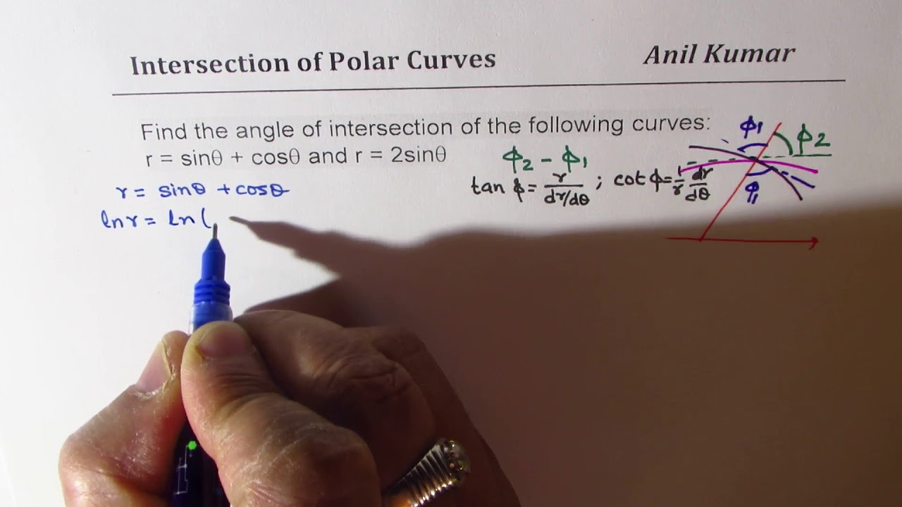 Angle of Intersection between Polar curves sin t + cos t and 2 sint