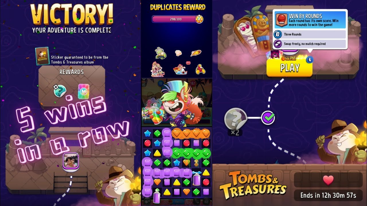 5 WINS in a Row, Adventure Tombs & Treasurse Victory, Win By Rounds, Album Unlocked, Match Masters