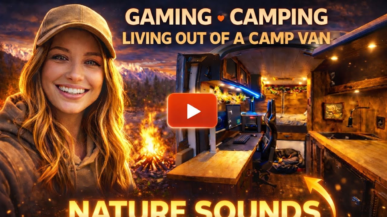 Cozy Van Life Gaming Setup | Campfire & River Sounds (4K Nature Ambience)