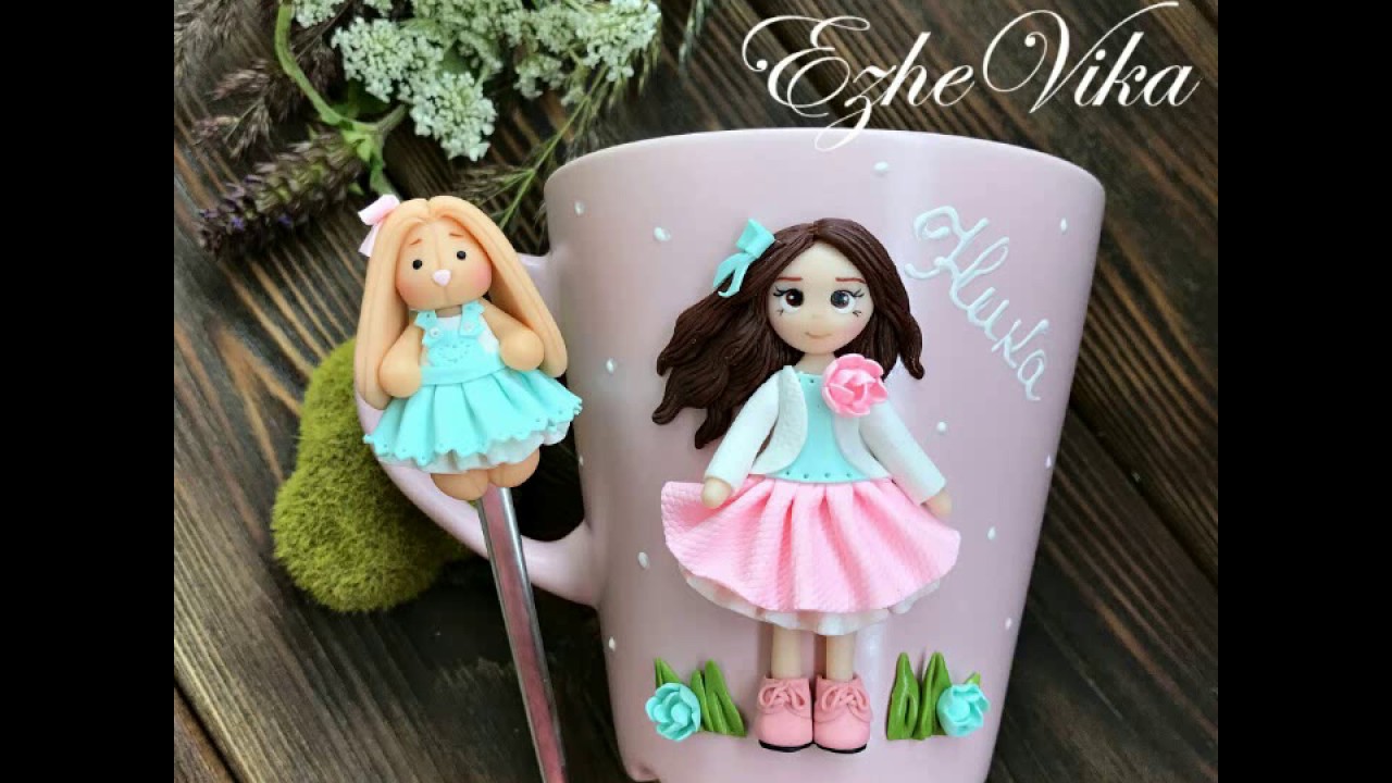 Gorgeous handmade mugs and spoons decorated with polymer clay