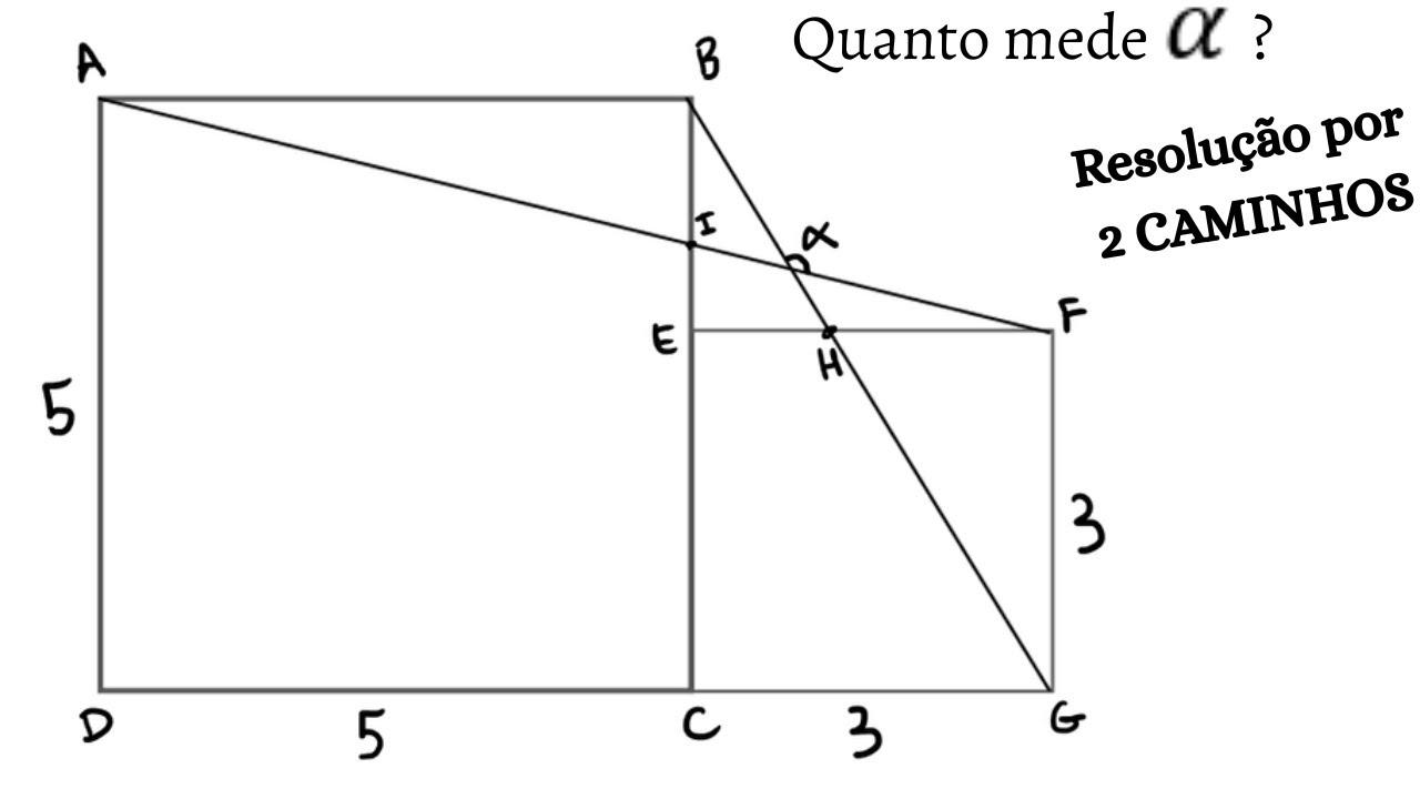 Ângulo formado por segmentos de vértices de dois quadrados de lados 5 e 3 colados (Por 2 caminhos)
