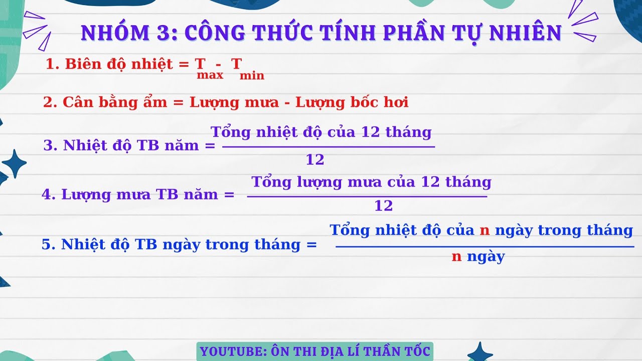 TÍNH BIÊN ĐỘ NHIỆT NĂM, NHIỆT ĐỘ TRUNG BÌNH NĂM, TÍNH TOÁN ĐỊA LÍ THI THPT QG 2026