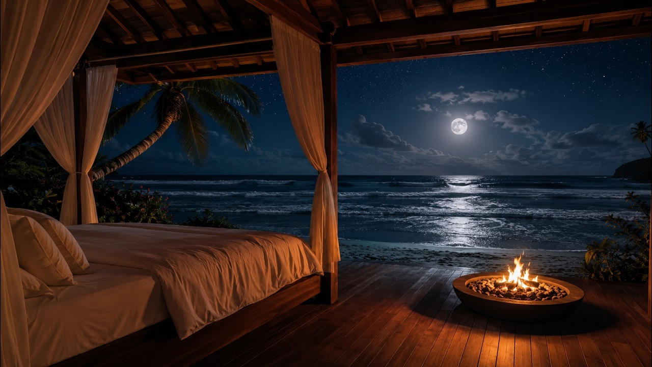 Tropical Night Oasis Ambience | Moonbeam Reflections, Ocean Breeze & Fireside Calm Sounds