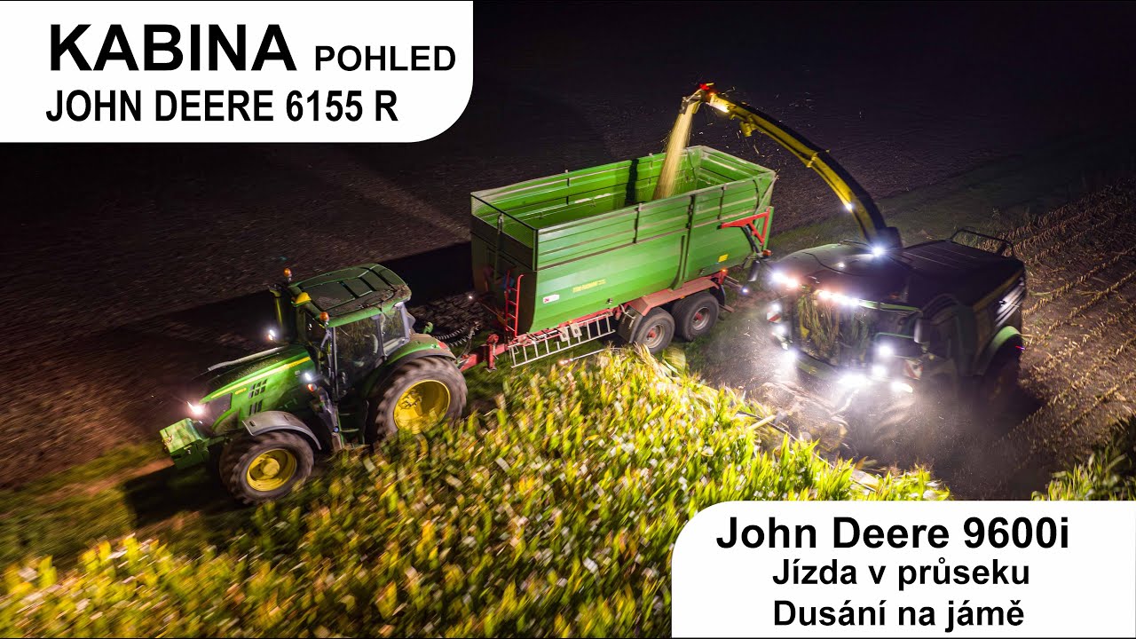 Z kabiny John Deere 6155R noční odvoz od řezačky 9600i | Siláže 2023 |  CABINET VIEW | Jáma