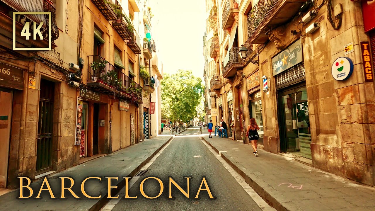 Driving Narrow Streets of Barcelona, Spain. 4K City Drive