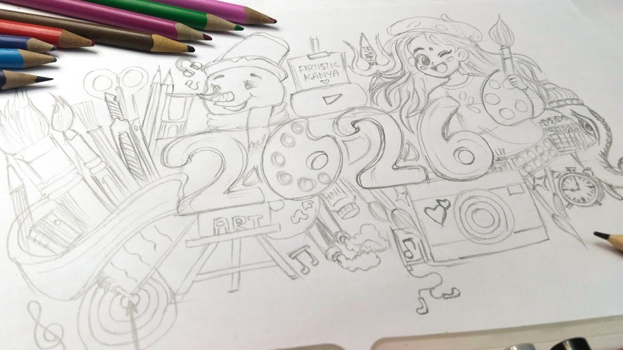 How To Draw New Year Drawing/2026/Easy Doodle Art Step By Step Tutorial 😍 Doodle art For New Year