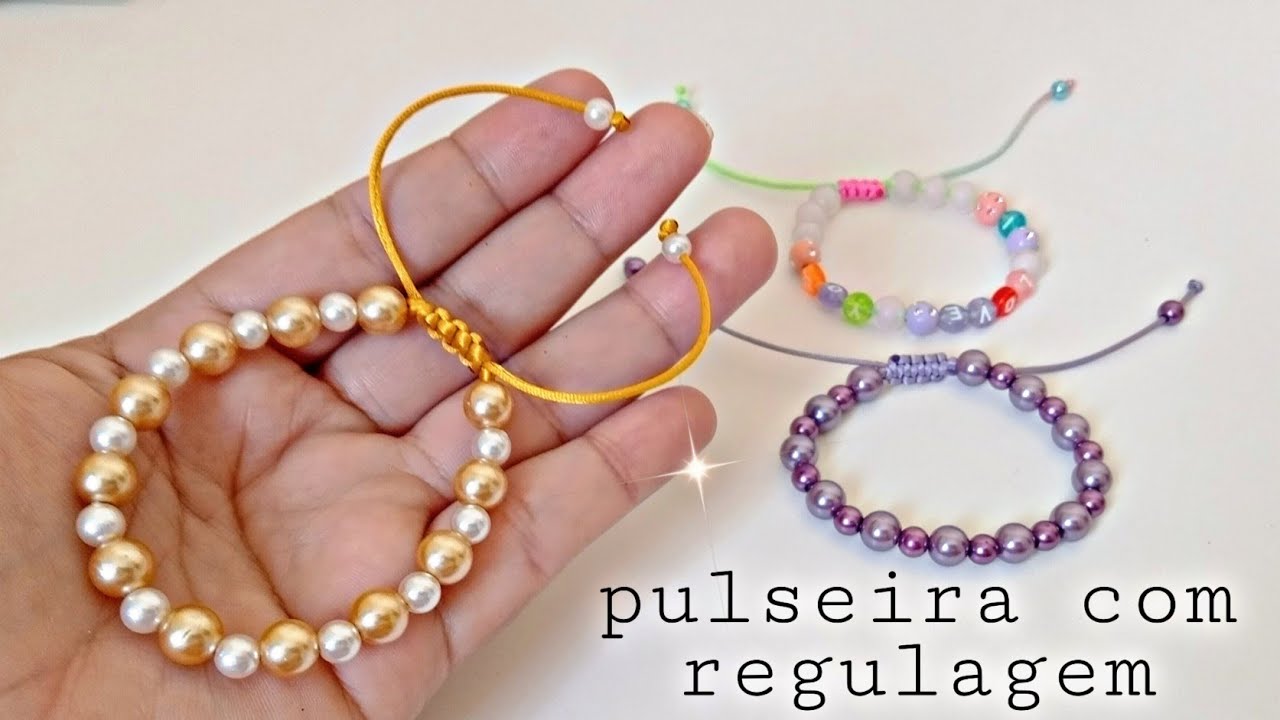 Pulseira em pérolas com regulagem em macramê/para iniciantes muito fácil.