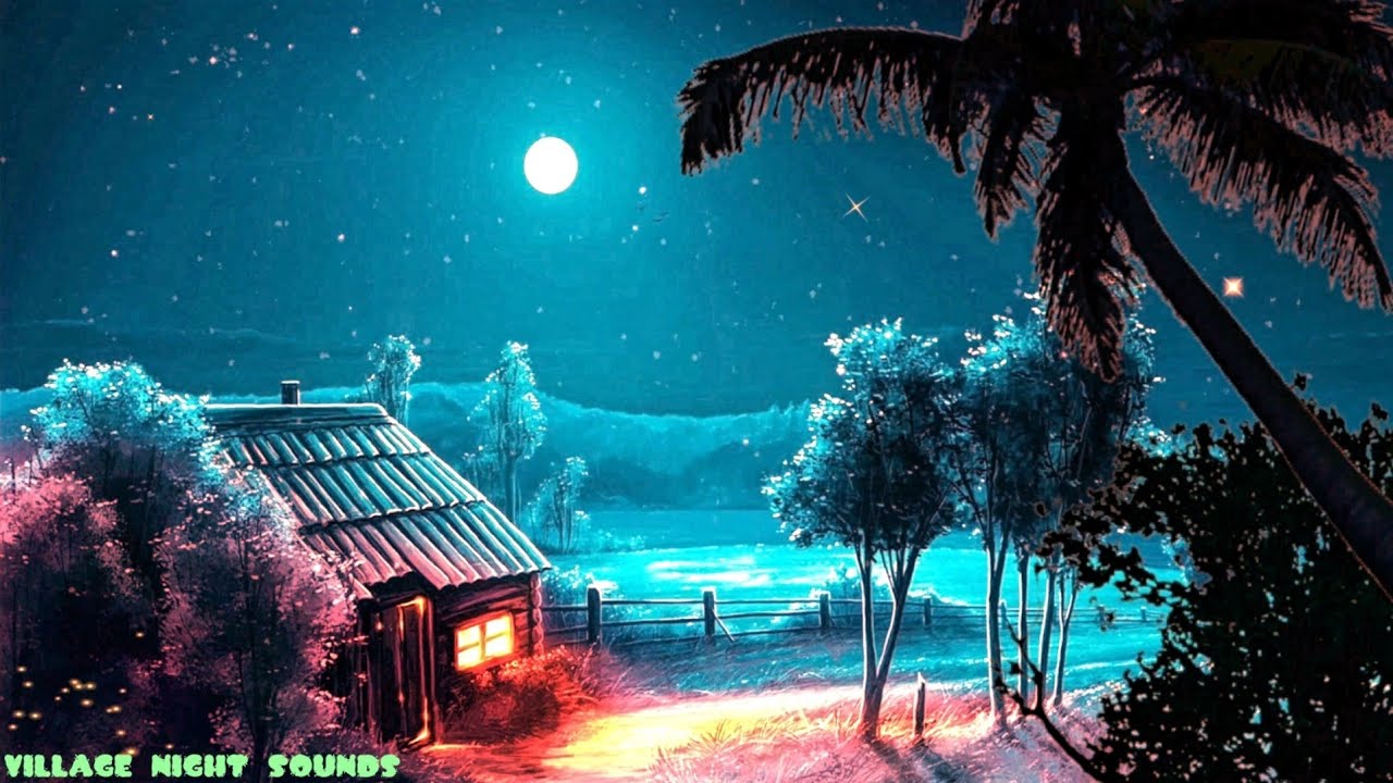 Village night sounds 🌠 | Night ambiance - dog barking, crickets,fire flies , Full moon at night 🌕