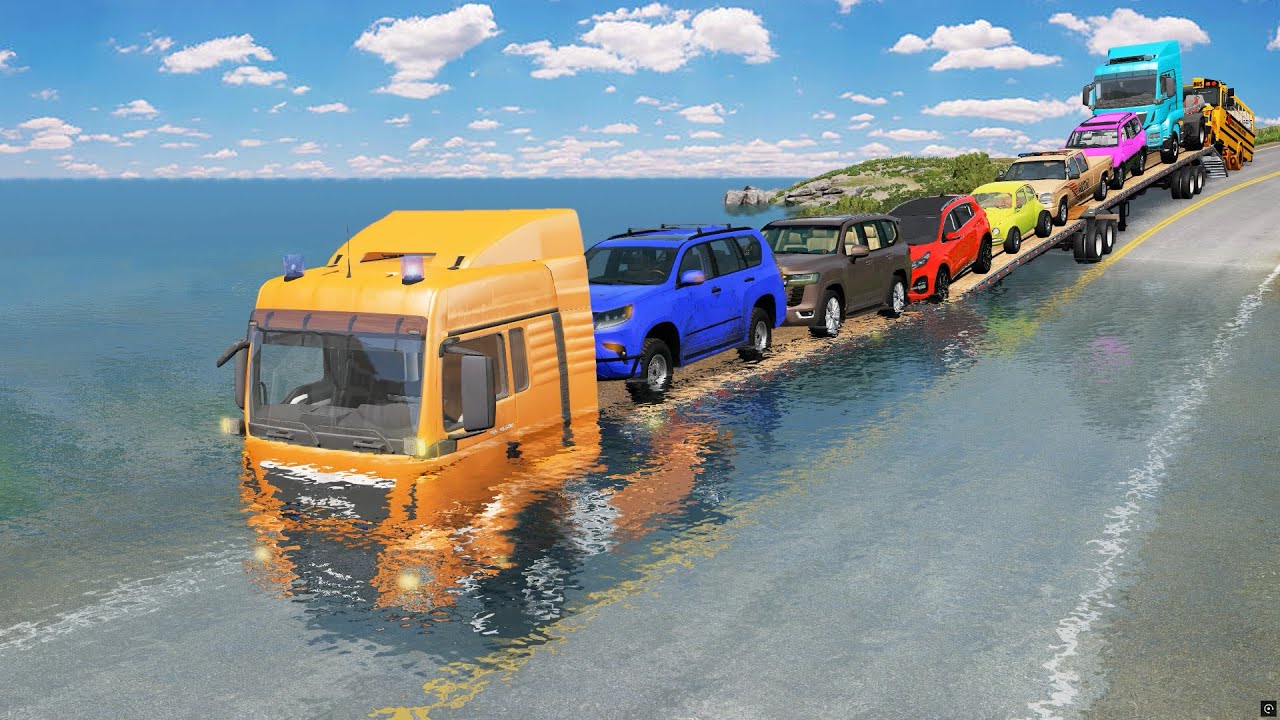 Triple Flatbed Trailer McQueen Transportation with Truck - Speedbumps vs Cars vs Train - BeamNG #17