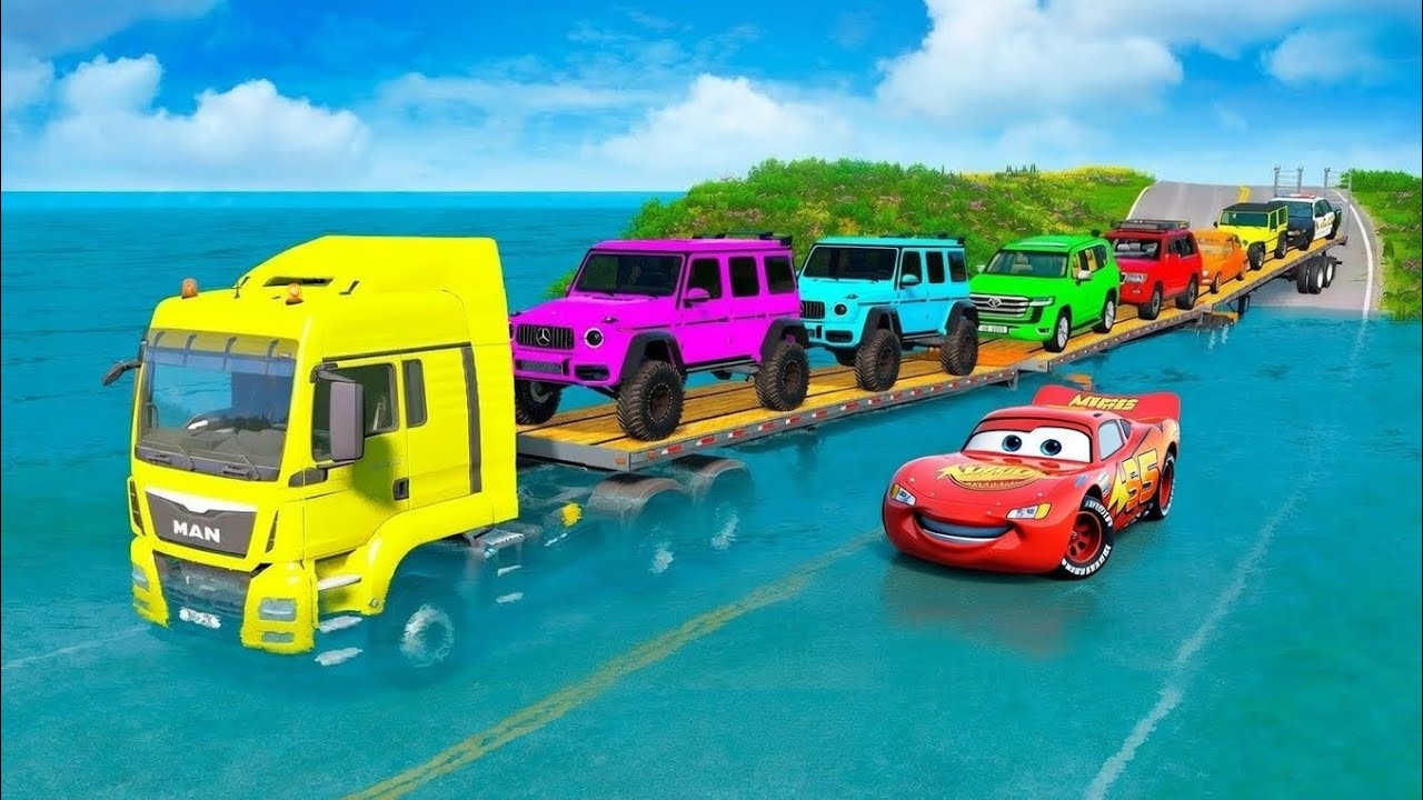 Triple Flatbed truck McQueen | transportation with truck - Pothole vs car #21 BeamNG.Drive Gameplay