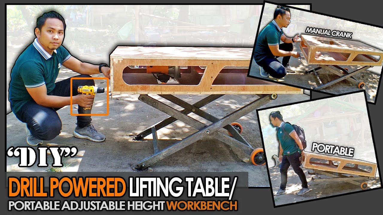 DIY: LIFTING TABLE/ DRILL POWERED  PORTABLE ADJUSTABLE HEIGHT WORKBENCH