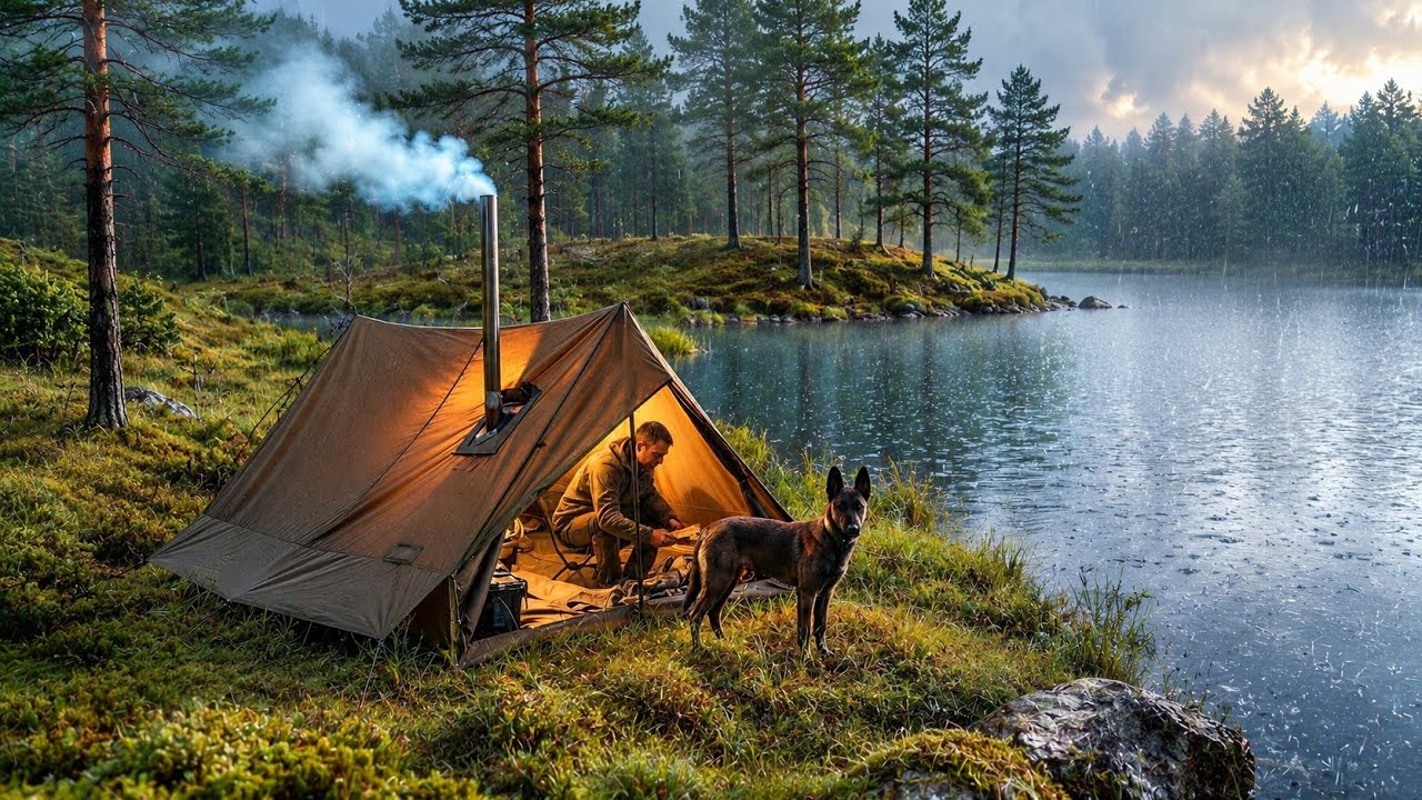 Rainy Camping at a Wild Lake with My Dog | Tent & Stove