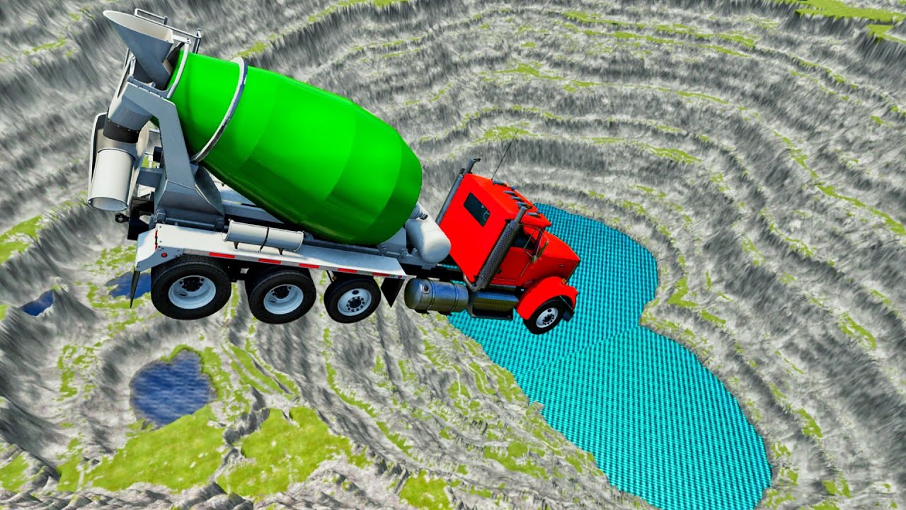 💀 Cement Mixer Truck LEAP OF DEATH! 😱 Giant Pit Jump Crash | BeamNG.drive