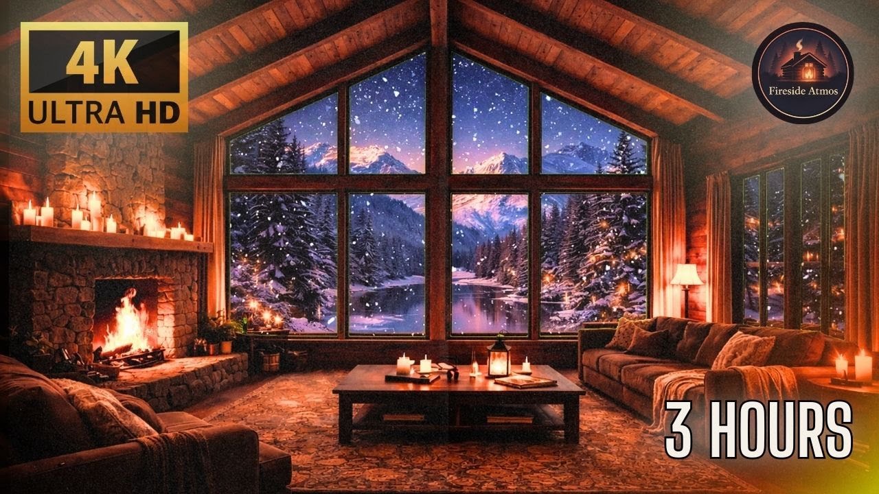 3 Hours Cozy Winter Fireplace Ambience ❄️ Candlelight, Snowfall & Relaxing Sounds