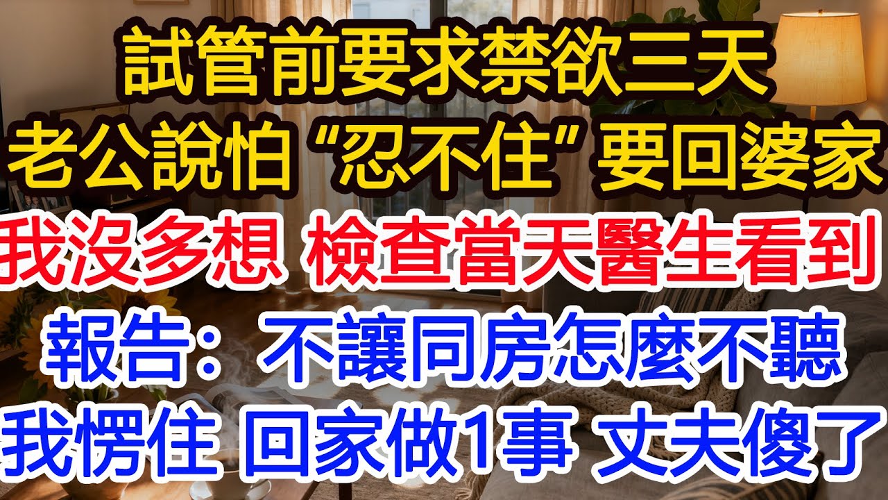 試管前要求禁欲三天老公說怕“忍不住”要回婆家我沒多想 檢查當天醫生看到報告：不讓同房怎麼不聽我愣住 回家做1事 丈夫崩潰#為人處世 #正能量 #故事分享 #生活經驗 #情感