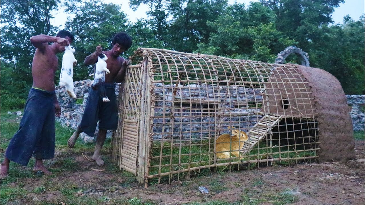 Build Rabbit House Using Bamboo & Mud