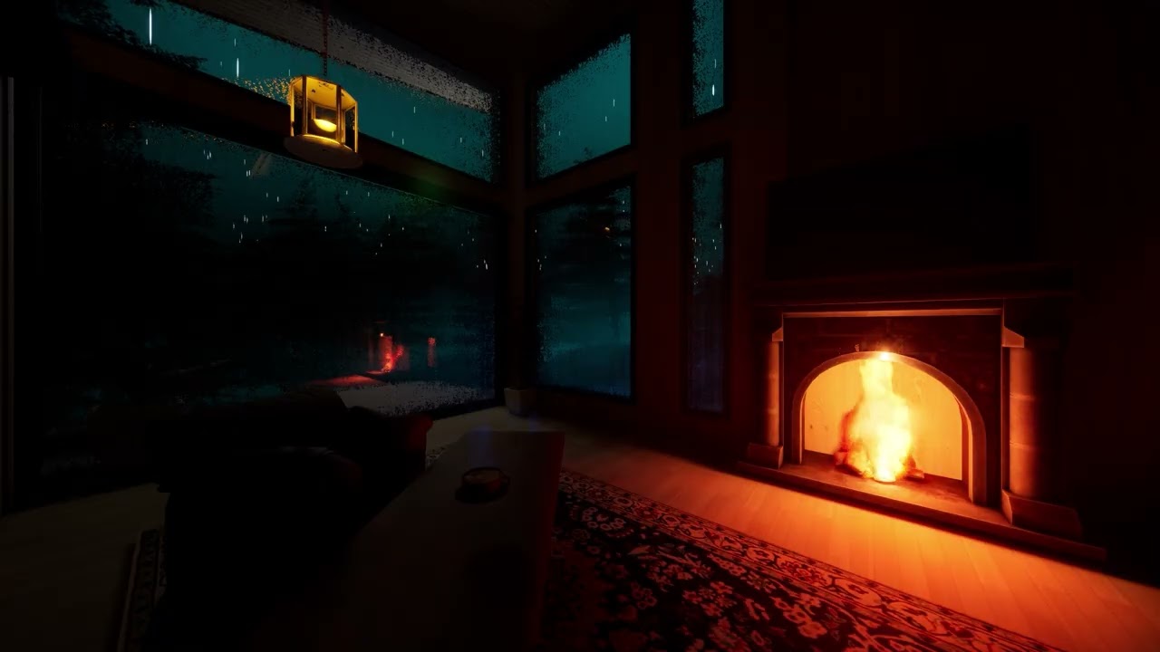 10 hour Rain Ambience in Wooden Cabin in the forest with Rain falling on window and Warm Fire