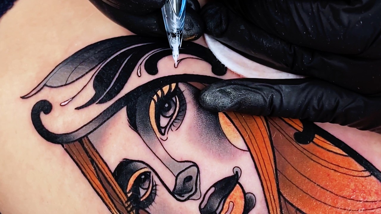 Red haired girl Neotraditional Tattoo Time lapse