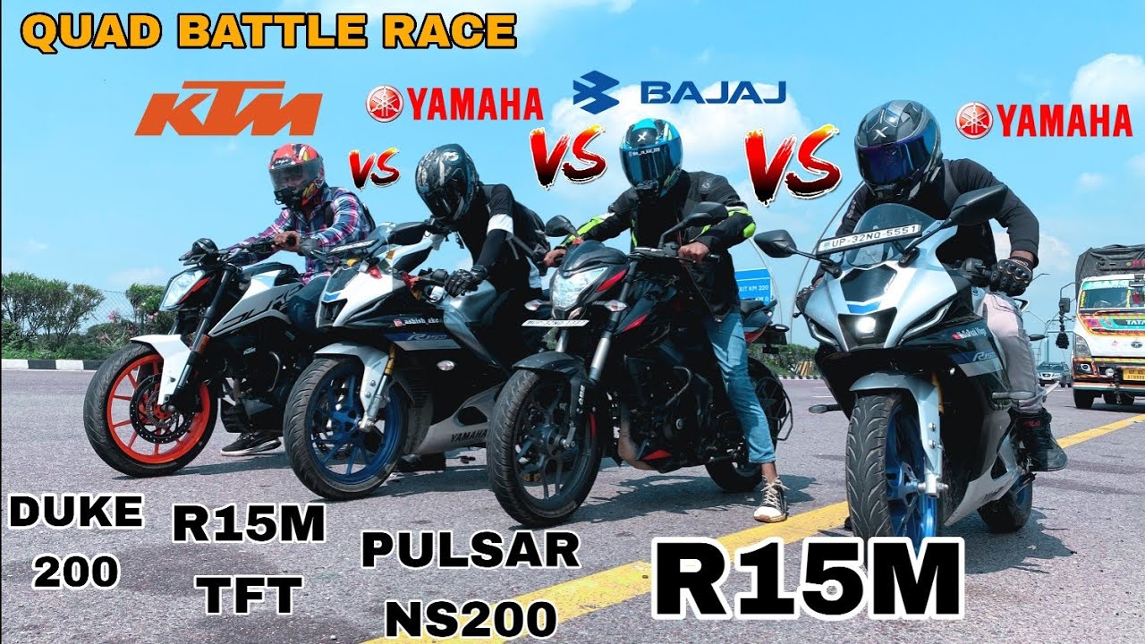 PULSAR NS200 BS7 VS R15M TFT VS DUKE 200 VS R15M [ QUAD BATTLE RACE ]