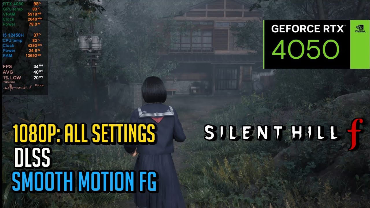RTX 4050 &ndash; Silent hill f benchmark 1080p All settings, DLSS, Smooth motion frame generation.