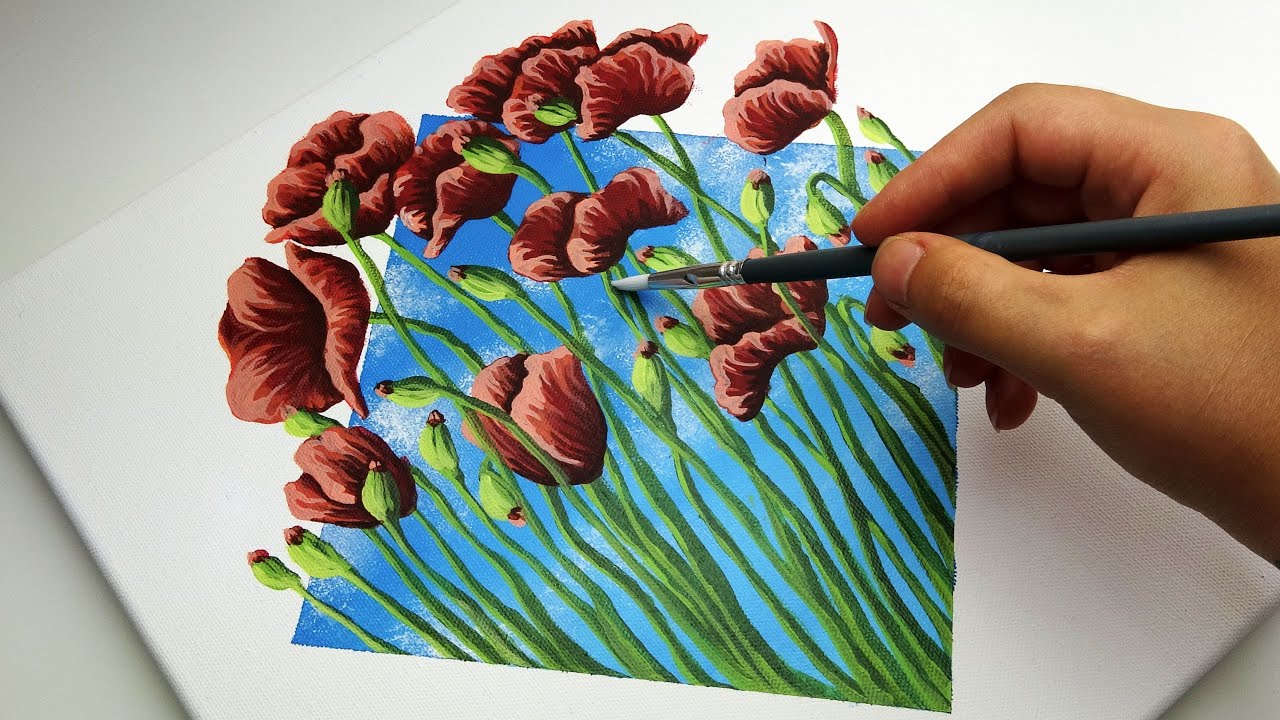 Acrylic Painting step by step | Beautiful Poppy Field | Acrylic Painting Tutorial For Beginners #1