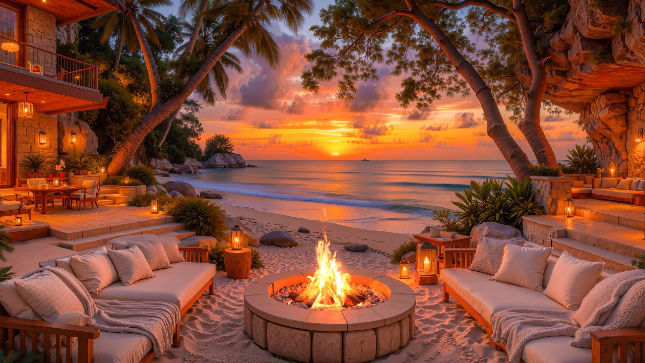 Tropical Sunset Jazz 🌴 Warm Beach Lounge, Ocean Waves & Smooth Jazz Piano for Peaceful Evenings