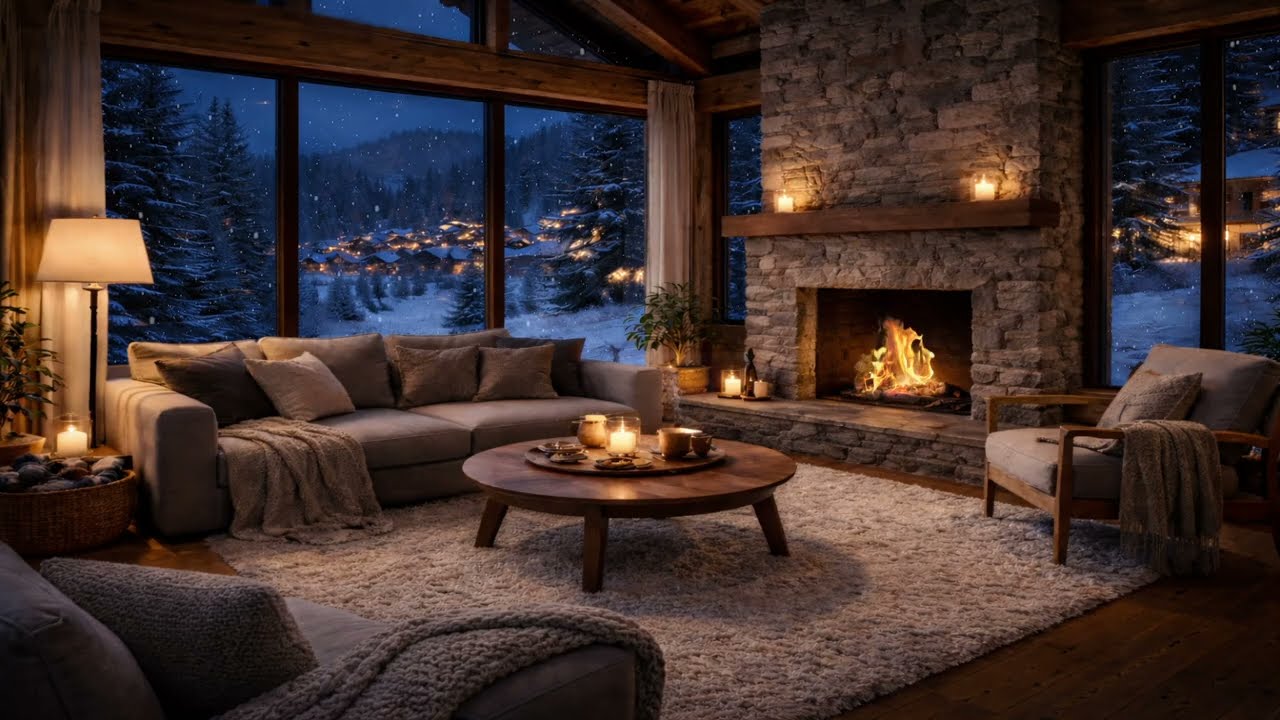 Warm Fireplace in a Snowy Mountain Cabin | Cozy Winter Night Ambience