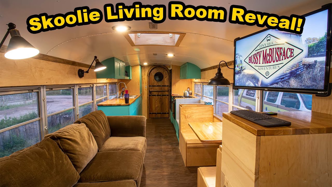 Skoolie Living Room Reveal | TV Wall Mount & Modified Lights