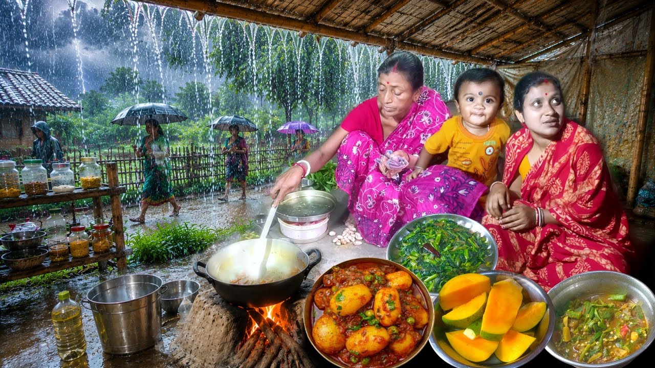 Heavy Rain Village Cooking | Garden Fresh Vegetables | Egg Soybean Curry | Authentic  Monsoon Lunch