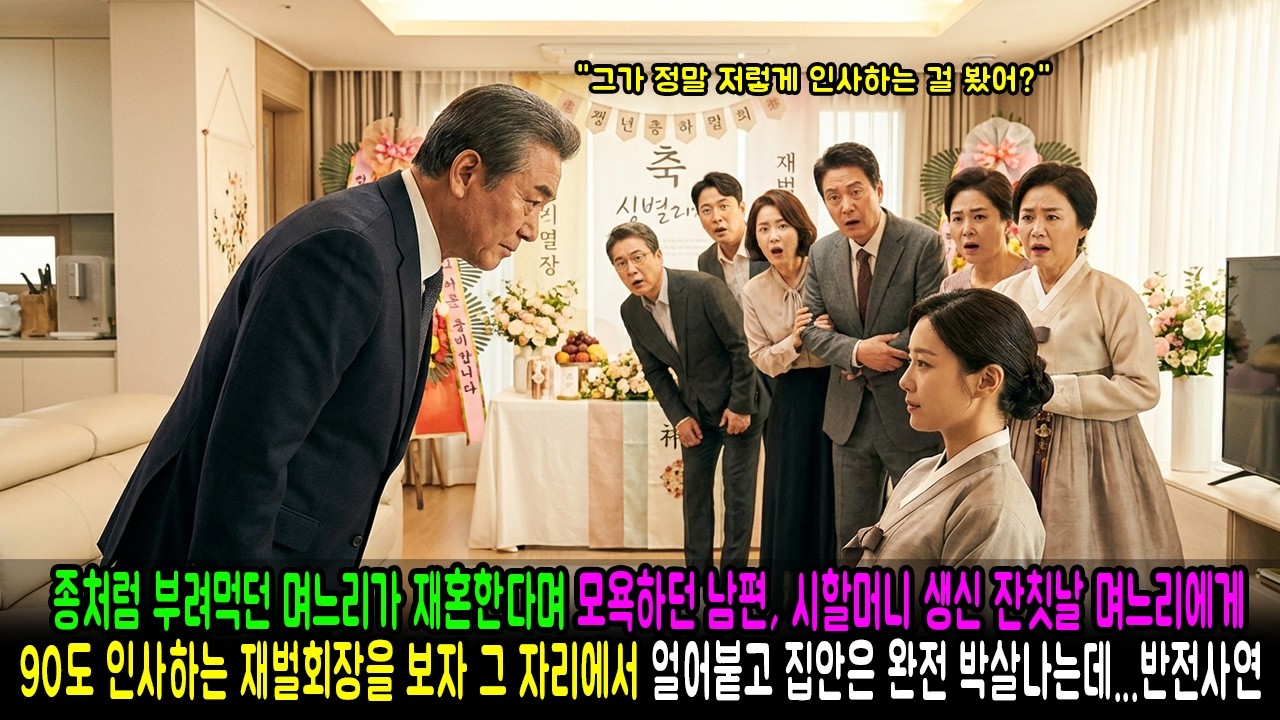 종처럼 부려먹던 며느리가 재혼한다며 모욕하던 남편, 시할머니 생신 잔칫날 며느리에게 90도 인사하는 재벌회장을 보자 그 자리에서 얼어붙고 집안은 완전 박살나는데...