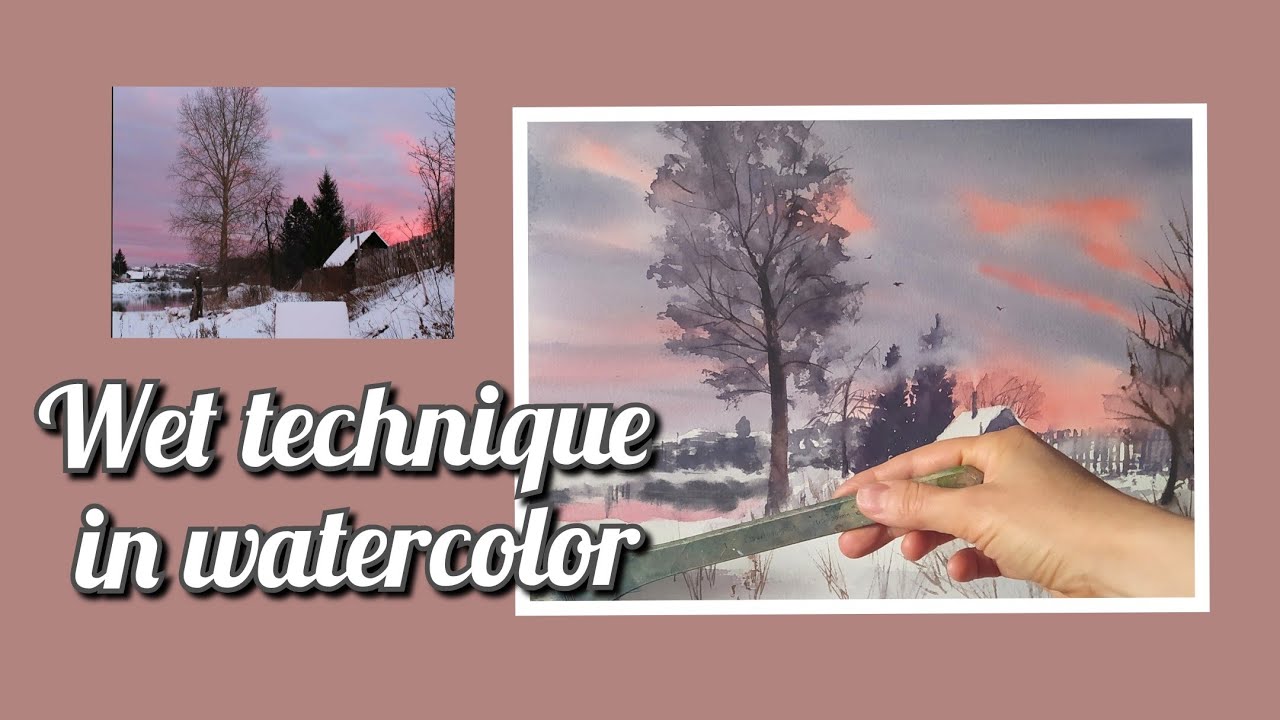Wet technique in watercolor | Winter country landscape | Easy watercolor practice