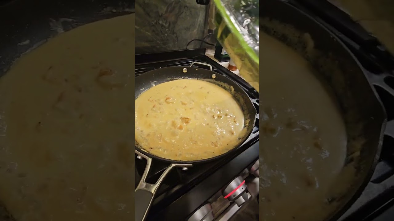 Cooking some creamy Shrimp Fettuccine Alfredo THE Traveling Mullet Style