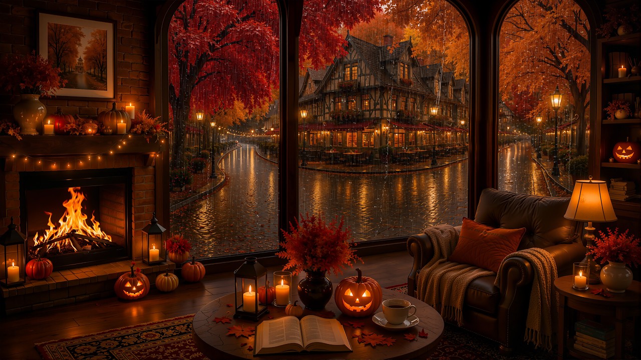Rainy Autumn Halloween Caf&eacute; by the Window Village | Fireplace Glow & Gentle Jazz Piano for Relax