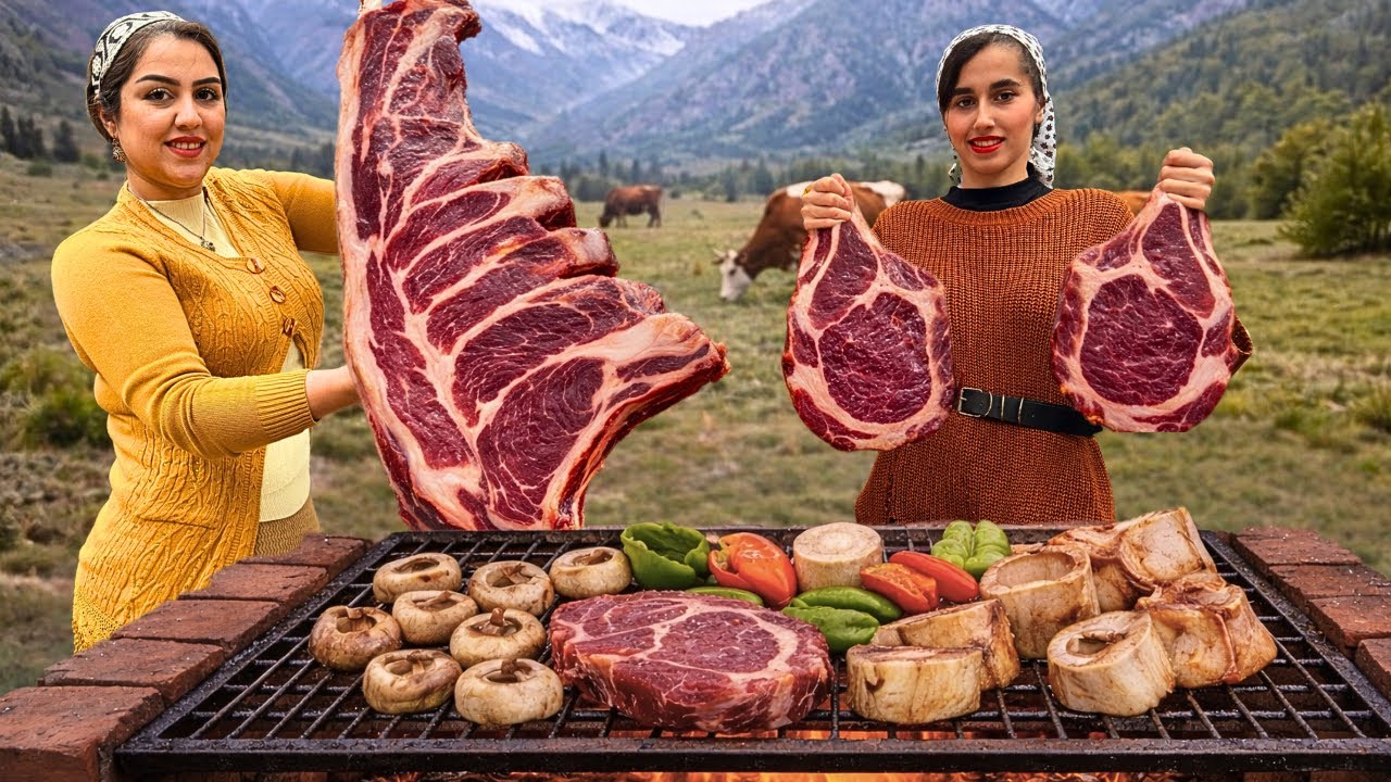 IRAN Village Cooking : Roasting Tomahawk Ribeye Marble Steak  & Bone Marrow Soup on Open Fire 🔥🥩🍞