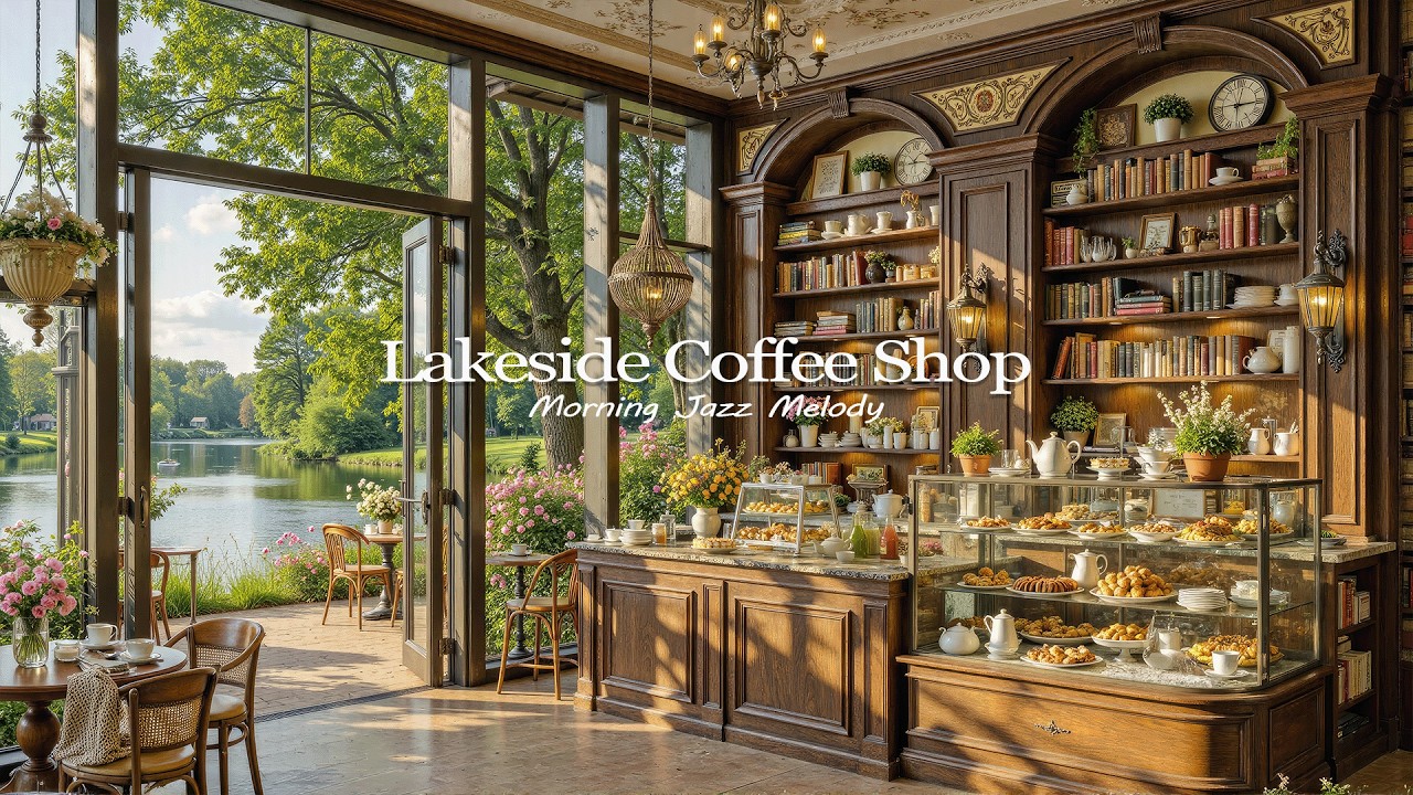 Spring Morning Lakeside Jazz in a Rustic Library Café | Relaxing Instrumental Music for Focus