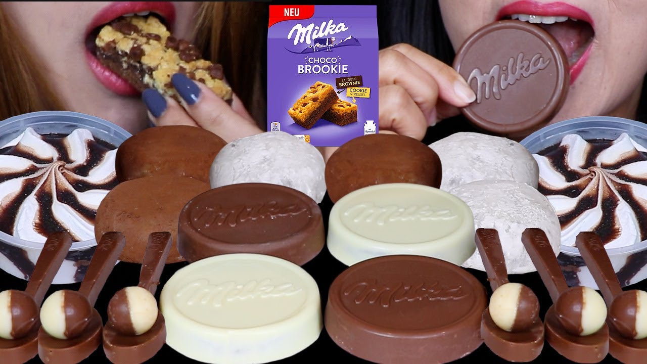 ASMR MILK & WHITE CHOCOLATE DESSERTS! MILKA CHOCO BROOKIE, DAIFUKU CREAM MOCHI, EDIBLE SPOONS 먹방