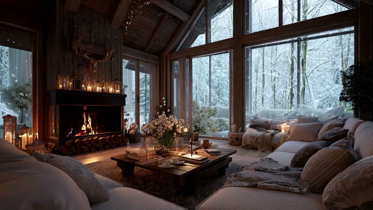 Snow Falling Slowly Fire Burning Soft Piano Playing For Peaceful Winter Relaxation