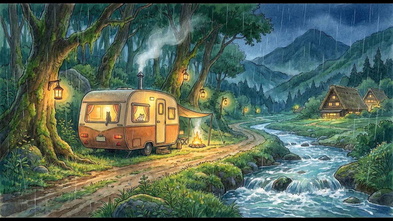 A Cozy Caravan Journey in the Rain | Calm Mountain Roads & Warm Night Ambience