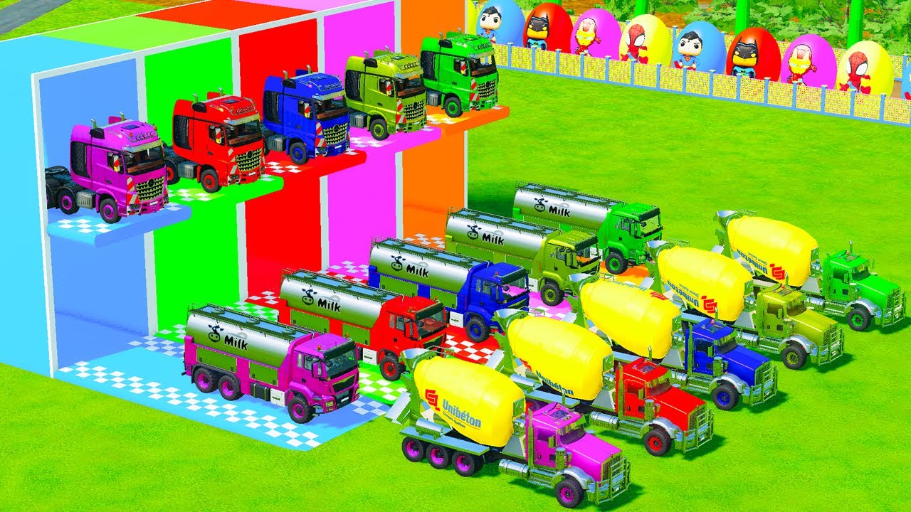 Garage with Colors - ALL MIXER TRUCK WITH DOUBLE FLATBED TRAILER TRUCK, MERCEDES, SCANIA, PETERBILT
