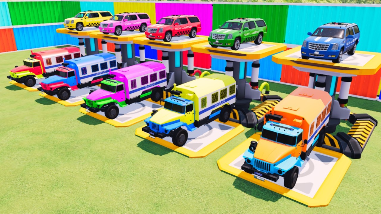 TRANSPORTING ALL CARS, POLICE CARS, AMBULANCE, FIRE TRUCK OF COLORS! WITH TRUCKS! - FS 22